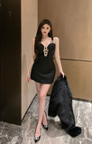 Elegant Black Bodycon Dress with Crystal - Embellished Accents