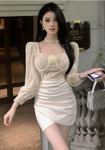 Graceful Ivory Dress with Lace - up Bodice and Satin Skirt