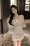 Graceful Ivory Dress with Lace - up Bodice and Satin Skirt