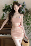 Delicate Blush Sling Dress with Floral Embellishments