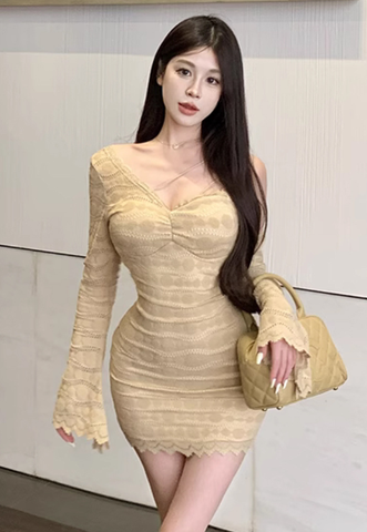 Stylish Beige Long - sleeved Dress with Intricate Lace Patterns