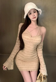 Stylish Beige Long - sleeved Dress with Intricate Lace Patterns