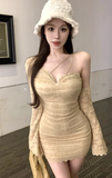 Stylish Beige Long - sleeved Dress with Intricate Lace Patterns