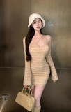 Stylish Beige Long - sleeved Dress with Intricate Lace Patterns