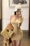 Stylish Beige Long - sleeved Dress with Intricate Lace Patterns
