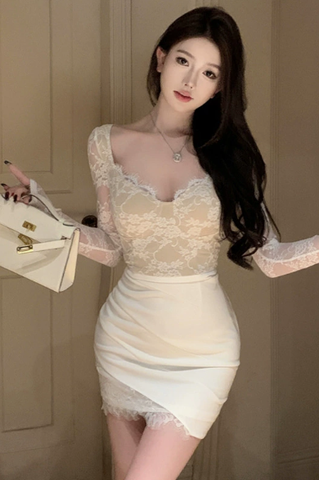 Exquisite Off - White Dress with Lace - up Bodice and Asymmetric Skirt