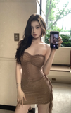 Stylish Strapless Brown Dress with Dotted Pattern and Fringe Detail