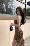 Stylish Strapless Brown Dress with Dotted Pattern and Fringe Detail