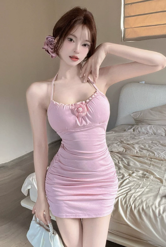 Charming Sling Mini Dress in Soft Pink with Decorative Rose