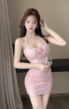 Charming Sling Mini Dress in Soft Pink with Decorative Rose