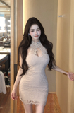 Elegant Beige Halter Dress with Intricate Lace Detailing