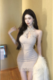 Elegant Beige Halter Dress with Intricate Lace Detailing