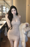 Elegant Beige Halter Dress with Intricate Lace Detailing