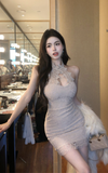 Elegant Beige Halter Dress with Intricate Lace Detailing