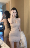 Elegant Beige Halter Dress with Intricate Lace Detailing