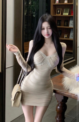 Graceful Beige Long - sleeved Dress with Ruched Detailing