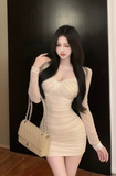 Graceful Beige Long - sleeved Dress with Ruched Detailing