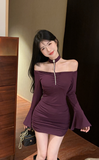 Elegant Plum Off - the - Shoulder Dress with Bell Sleeves and Chain Detail
