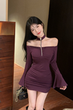 Elegant Plum Off - the - Shoulder Dress with Bell Sleeves and Chain Detail