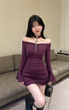 Elegant Plum Off - the - Shoulder Dress with Bell Sleeves and Chain Detail