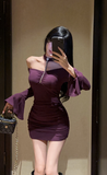 Elegant Plum Off - the - Shoulder Dress with Bell Sleeves and Chain Detail