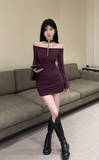 Elegant Plum Off - the - Shoulder Dress with Bell Sleeves and Chain Detail