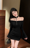 Elegant Plum Off - the - Shoulder Dress with Bell Sleeves and Chain Detail