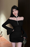 Elegant Plum Off - the - Shoulder Dress with Bell Sleeves and Chain Detail
