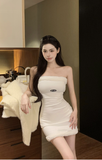 Elegant Off - Shoulder White Bodycon Dress with Furry Trim