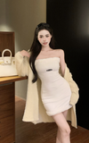 Elegant Off - Shoulder White Bodycon Dress with Furry Trim