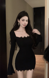 Elegant Black Bodycon Dress with Delicate Lace Trim Detail