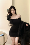 Elegant Black Bodycon Dress with Delicate Lace Trim Detail
