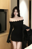Elegant Black Bodycon Dress with Delicate Lace Trim Detail