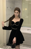 Elegant Black Velvet Dress with Pearl - Embellished Details