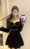 Elegant Black Velvet Dress with Pearl - Embellished Details
