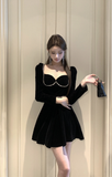 Elegant Black Velvet Dress with Pearl - Embellished Details