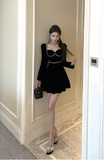 Elegant Black Velvet Dress with Pearl - Embellished Details