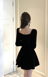 Elegant Black Velvet Dress with Pearl - Embellished Details