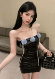 Edgy Black Leather Strapless Dress with Flower & Chain Decor