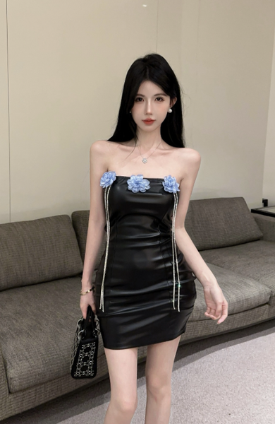 Edgy Black Leather Strapless Dress with Flower & Chain Decor