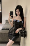 Edgy Black Leather Strapless Dress with Flower & Chain Decor