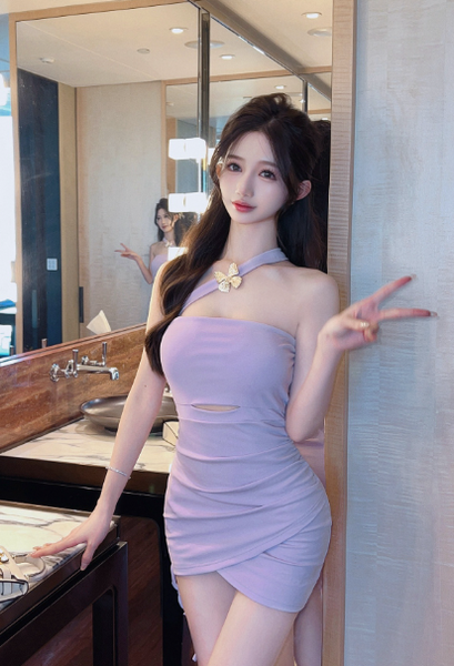Charming Lavender Halter Mini Dress with Cut - out Details