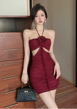 Stylish Maroon Sling Dress with Flower Accent and Side Cut - outs