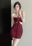 Stylish Maroon Sling Dress with Flower Accent and Side Cut - outs