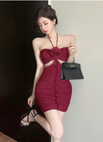 Stylish Maroon Sling Dress with Flower Accent and Side Cut - outs