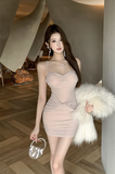 Elegant Blush Sling Mini Dress with Shimmer Detail and Furry Wrap
