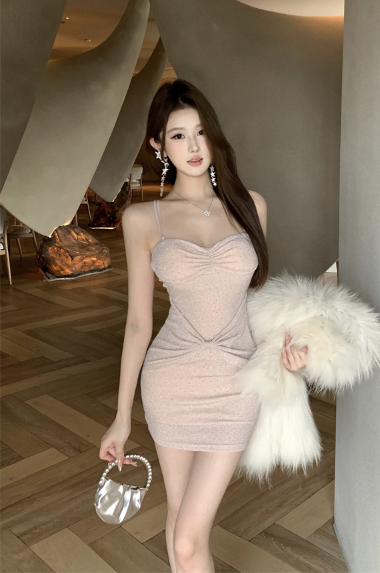 Elegant Blush Sling Mini Dress with Shimmer Detail and Furry Wrap