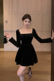 Elegant Black Velvet Dress with Pearl - Embellished Square Neck
