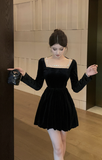 Elegant Black Velvet Dress with Pearl - Embellished Square Neck