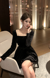 Elegant Black Velvet Dress with Pearl - Embellished Square Neck